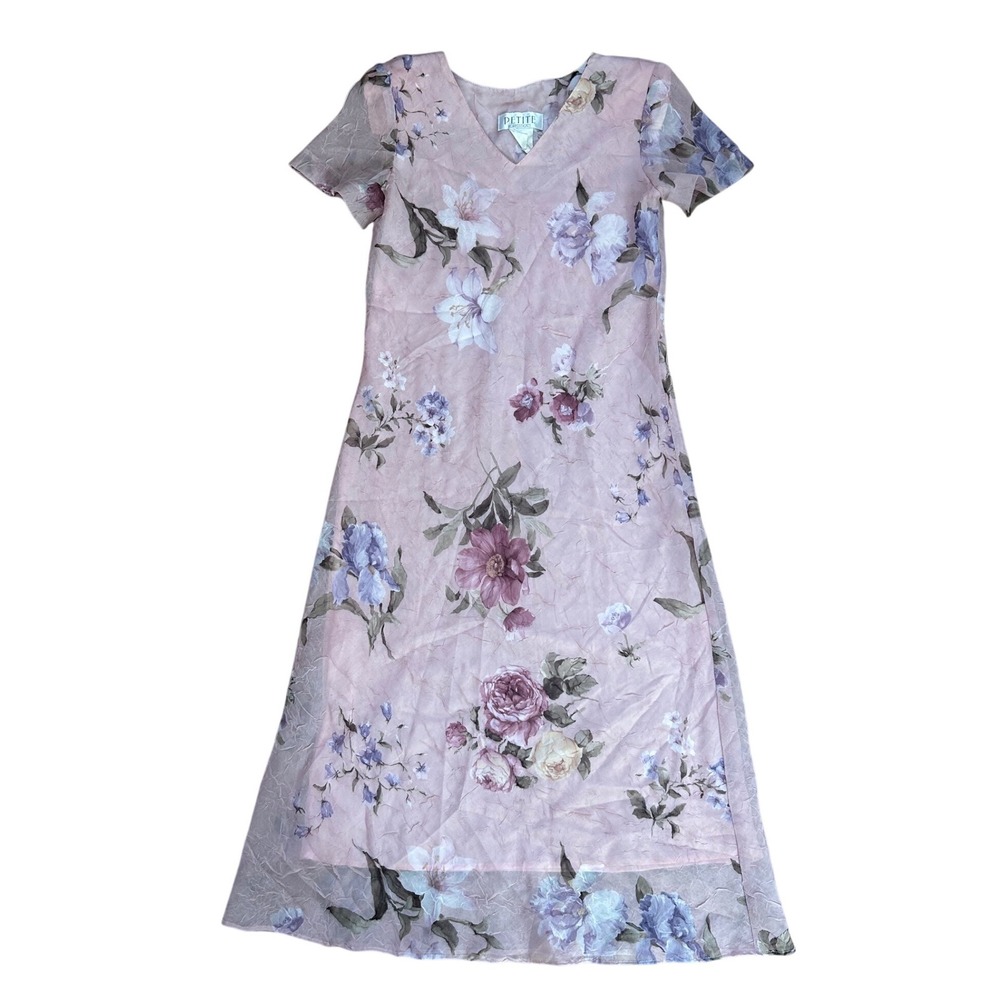 Vtg Pink Floral Fairycore Midi Dress Size 4P Formal‎ coquette girly crinkle